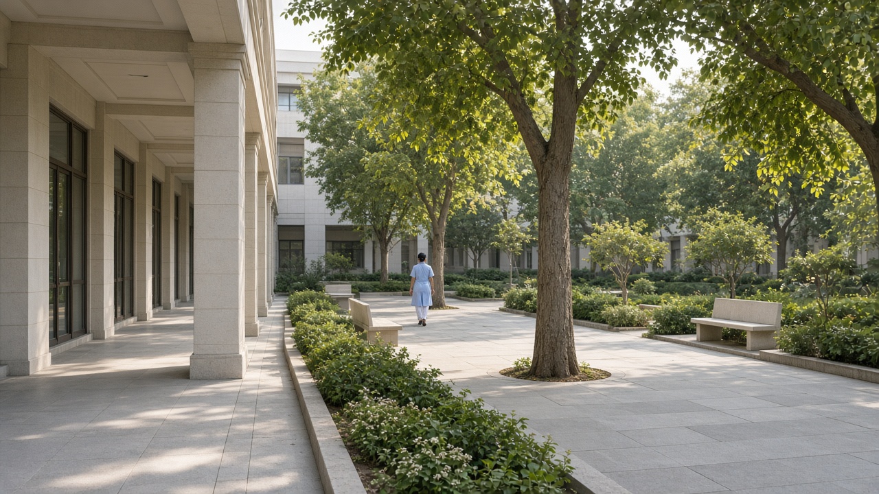 Covered walkway and courtyard garden on the Meridian Care campus.